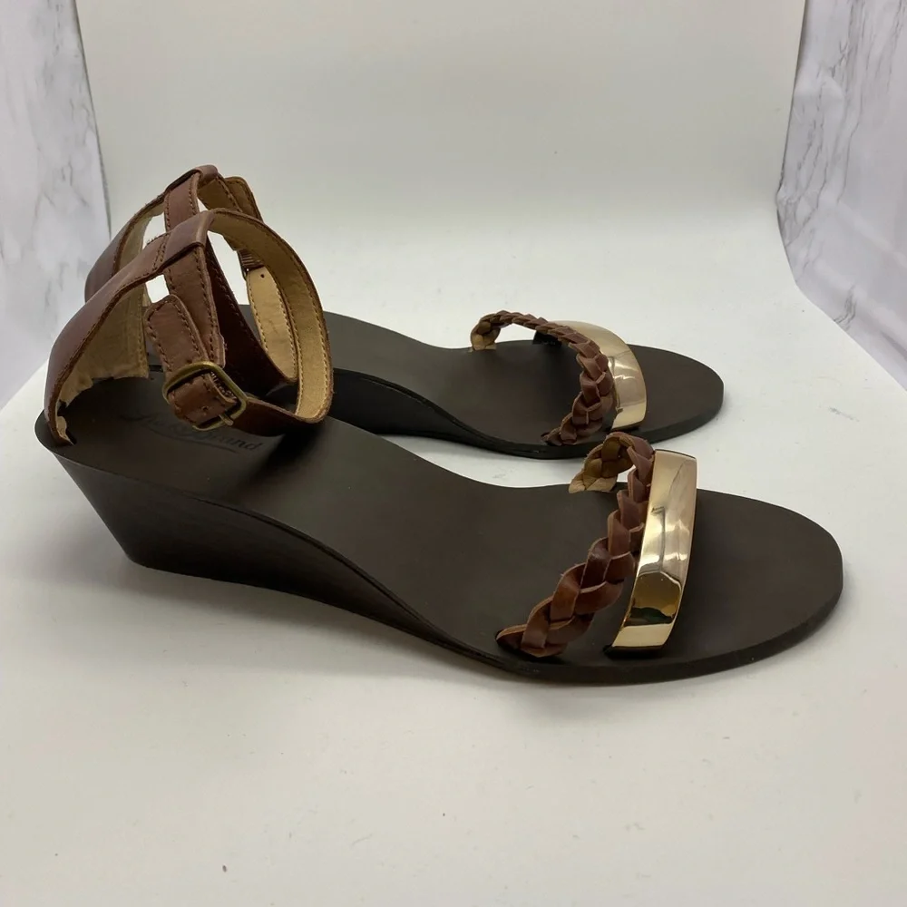Lucky‎ Brand Ankle Strap Brown Gold Wedge Sandals women’s size 10M